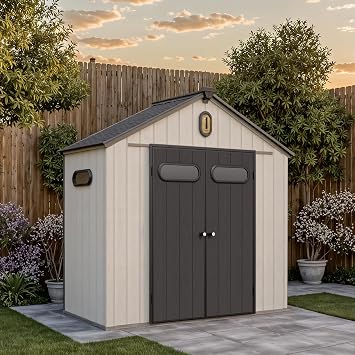 AMGUI Storage shed,Dual-Wall high-Density polyethylene Outside Sheds&Outdoor Storage with Floor 6x4 Ft for Bike, Lawnmower,Water Pipes,with Lockable Door for Backyard, Patio,Lawn, Sandstone-Gray