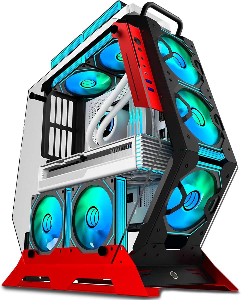 Caja única para PC para juegos con marco abierto, forma irregular creativa, marco de metal grueso, 7 ventiladores PWM ARGB, computadora para juegos ATX/MATX con flujo de aire máximo, C570 (rojo)