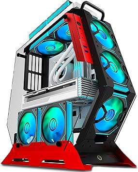 KEDIERS Open Frame Unique Gaming PC Case, Creative Irregular Shape, Thick Metal Frame, 7 PWM ARGB Fans, Max Airflow ATX/MATX Gaming Computer,C570 red