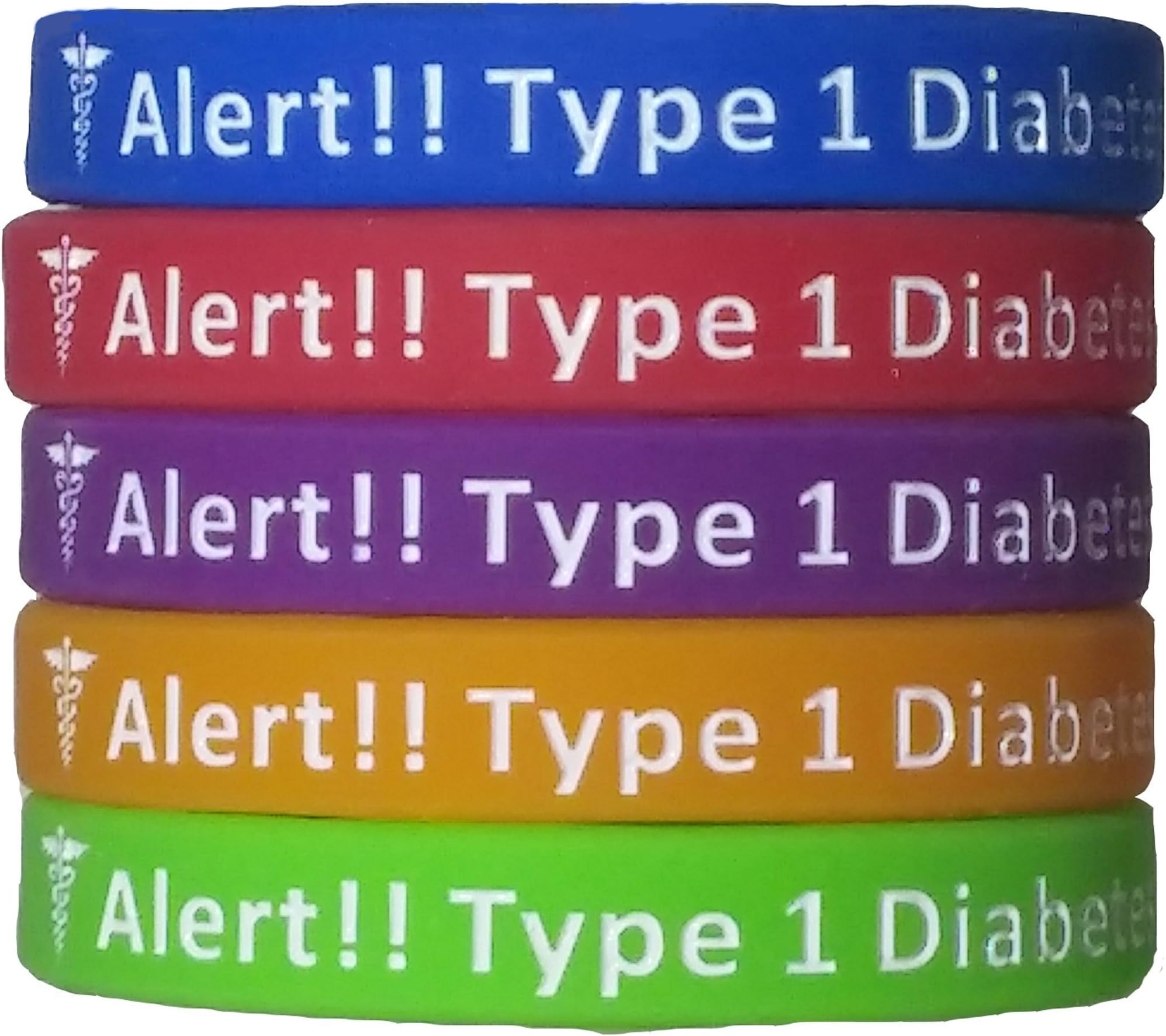 Type 1 Diabetes Bracelets Silicone Medical Alert Wristbands (Pack of 5) Adult & Kids Sizes