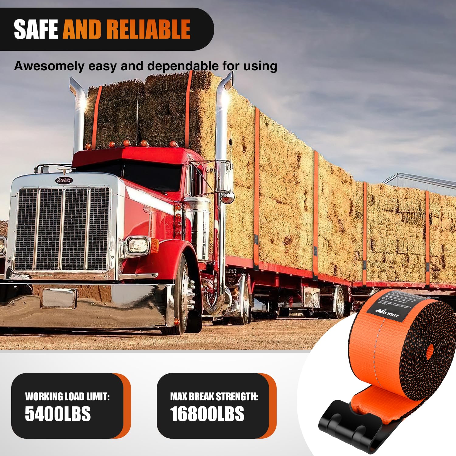 Nilight Cinghie per camion da 10,2 cm x 7,6 m, arancioni, resistenti, con gancio piatto, resistenza alla rottura, 7.620 kg, carico fino a 2.449 kg, per pianali, camion, rimorchi, fattorie, salvataggio