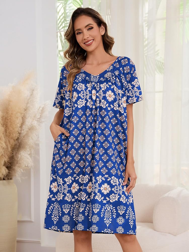 Tugege House Dress for Women Short Sleeve Moo Moos Nightgown Floral Print Mumu Dresses with Pockets at Amazon Women's Clothing store