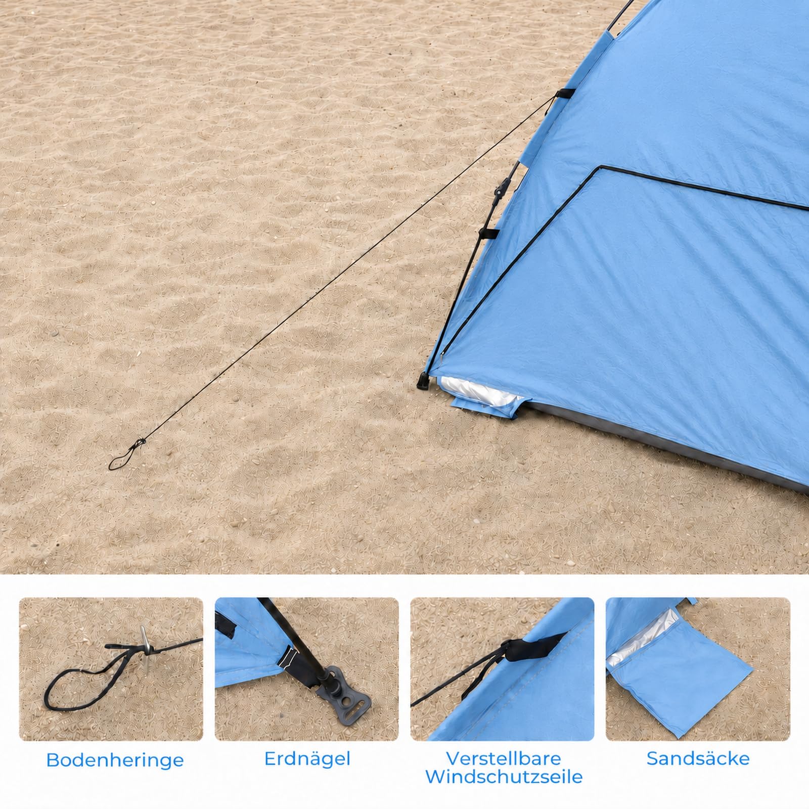 Pop Up Strandmuschel mit UV-Schutz 50+, Automatisches Strandzelt für 2-3 Personen, XXL Pop Up Strandmuschel mit Verlängerter Matte, Leichtes Windschutz Zelt für Baby & Familie, Einfach Aufbau & Abbau