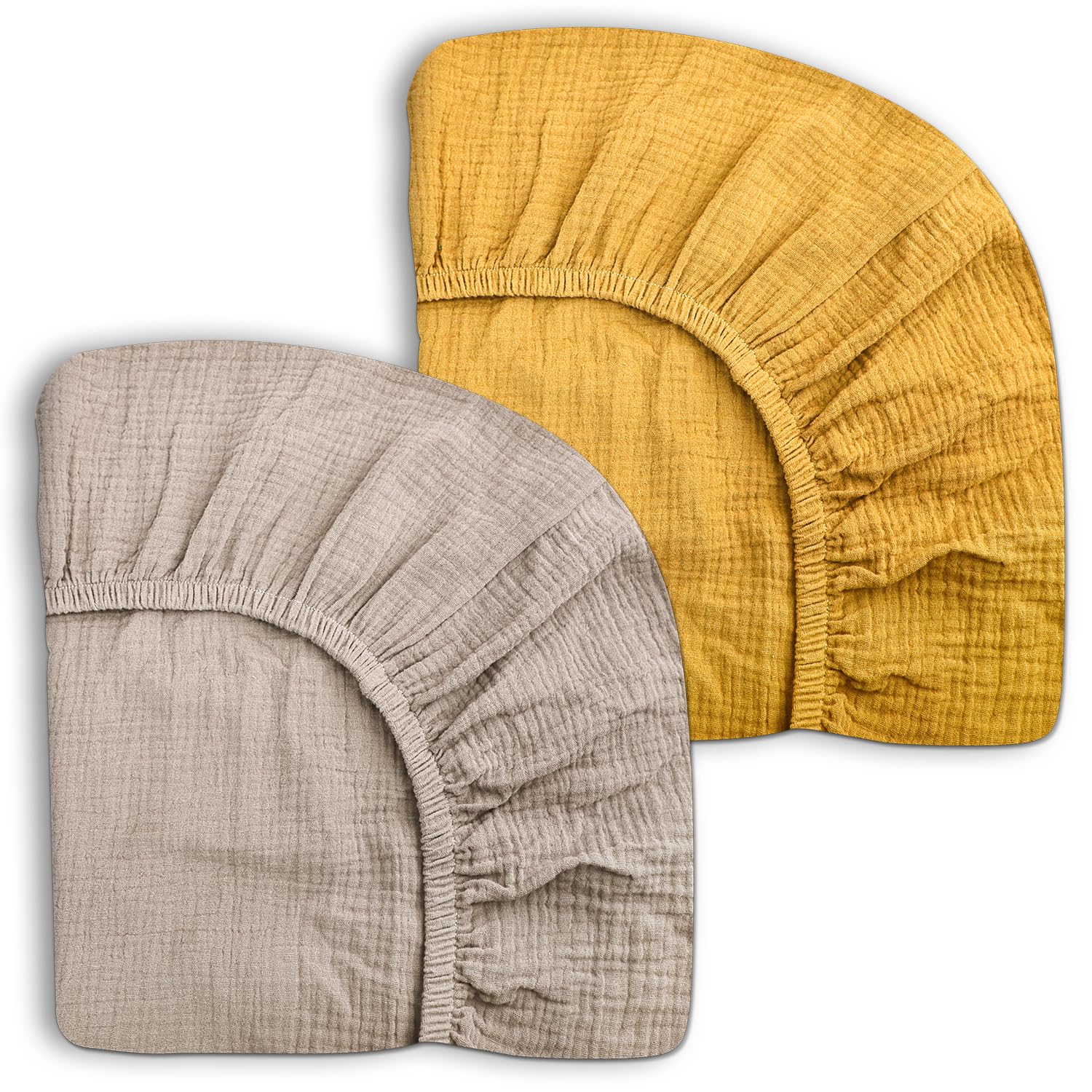 Pack and Play Sheets for Baby Boy and Girl 2 Pack, Neutral Muslin Cotton Pack N Play Mattresses Sheet 27"x39", Muslin Nursery Bedding Soft and Breathable Comfort (Beige & Mustard Yellow) — image 1