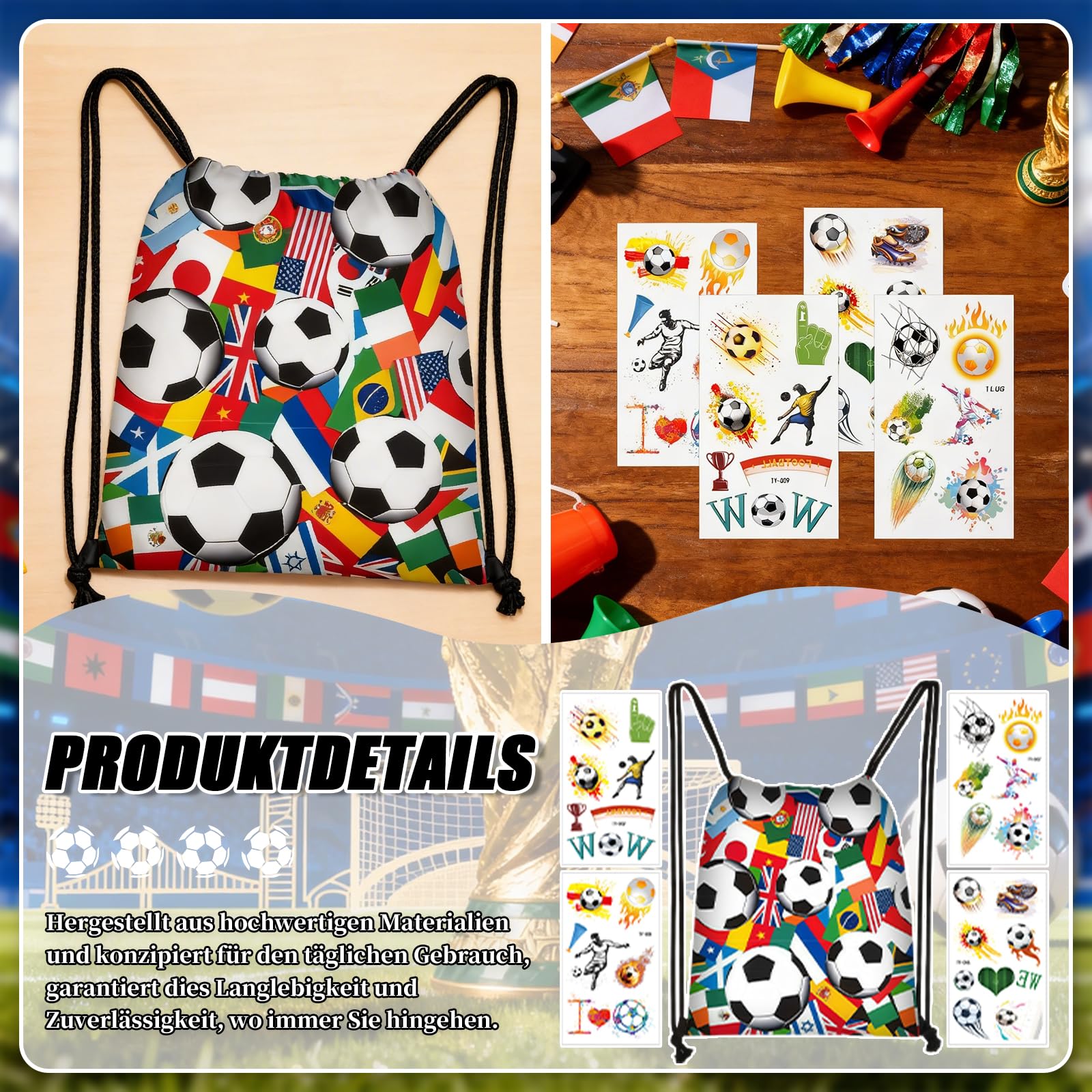 World Cup Football 2026 Drawstring Bag And World Cup 2026 Tattoos - 2pc World Cup Supporter Fan Gear For Boys Girls, Multi-Nation Flag Backpack & Stadium Accessory Set — view 6