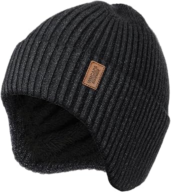 Wmcaps Fleece Lined Winter Beanie with Earflap for Men Women - Windproof Thermal Knit Hat for Cold Weather