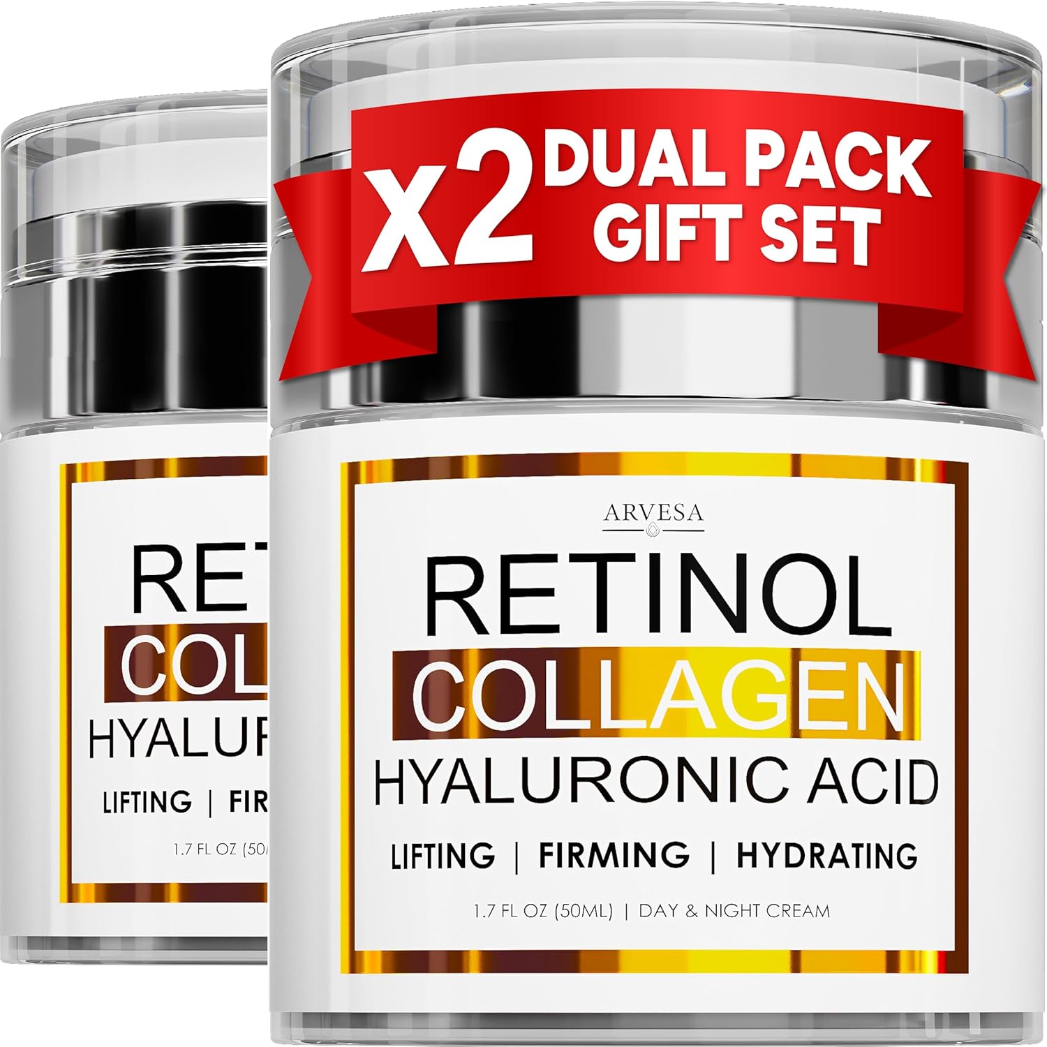 (2 Pack) Retinol Cream for Face with Collagen and Hyaluronic Acid - Anti Aging Wrinkle Cream for Women and Men - Day and Night Facial Moisturizer for Tightening and Skin Firming