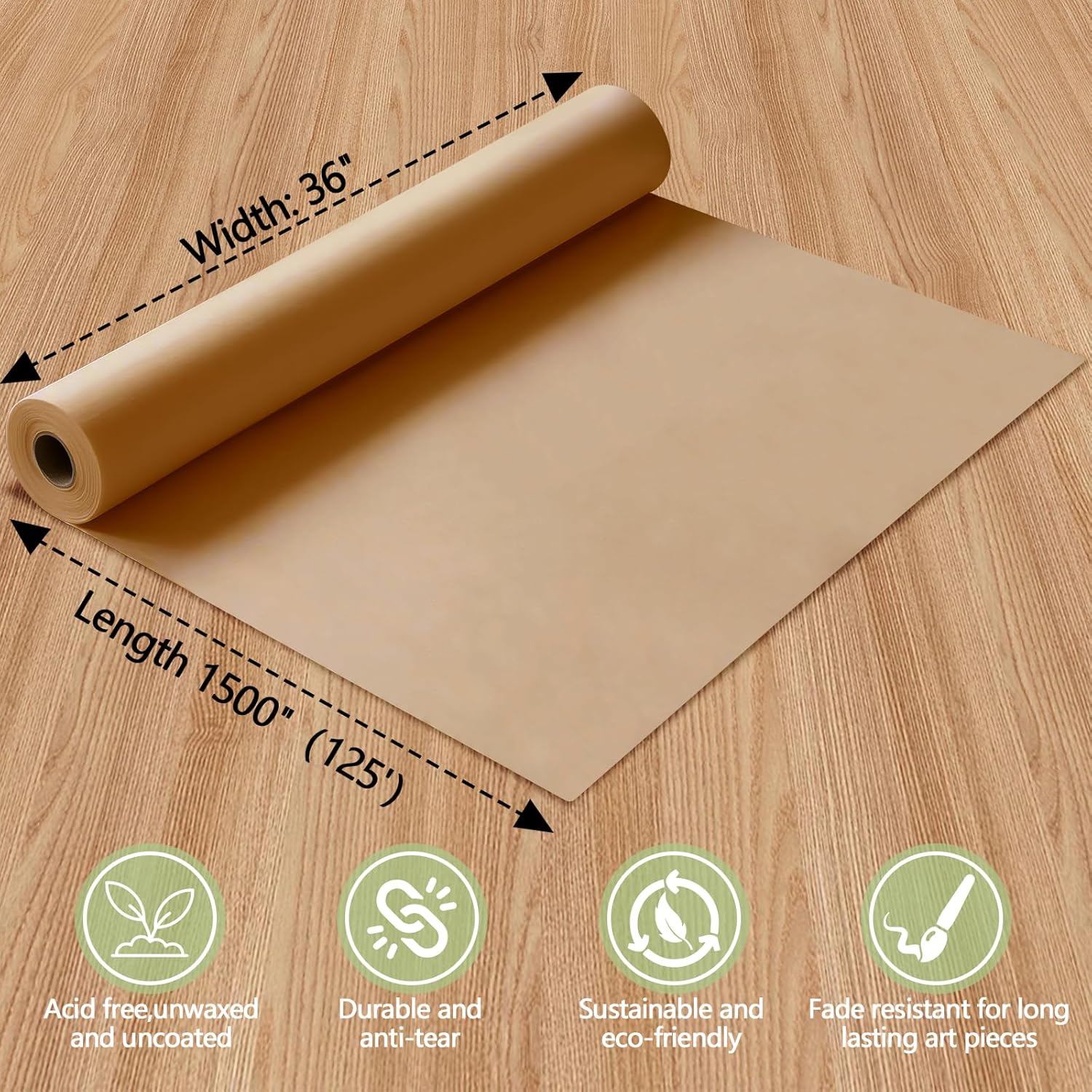 36" × 1500"(125') Thickened Brown Kraft Paper Roll， Flower Bouquet Brown Wrapping Paper Roll，Gift Wrapping Paper for Moving, Bulletin Board,Birthday, (Brown, 36" × 125')