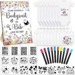 Chuarry 43 Pcs DIY Bibs Decorating Kit 8 Bodysuits 8 Pcs 2 Ply White Bibs 10 Fabric Markers 16 Stencils Baby Shower Sign(Wildflower)
