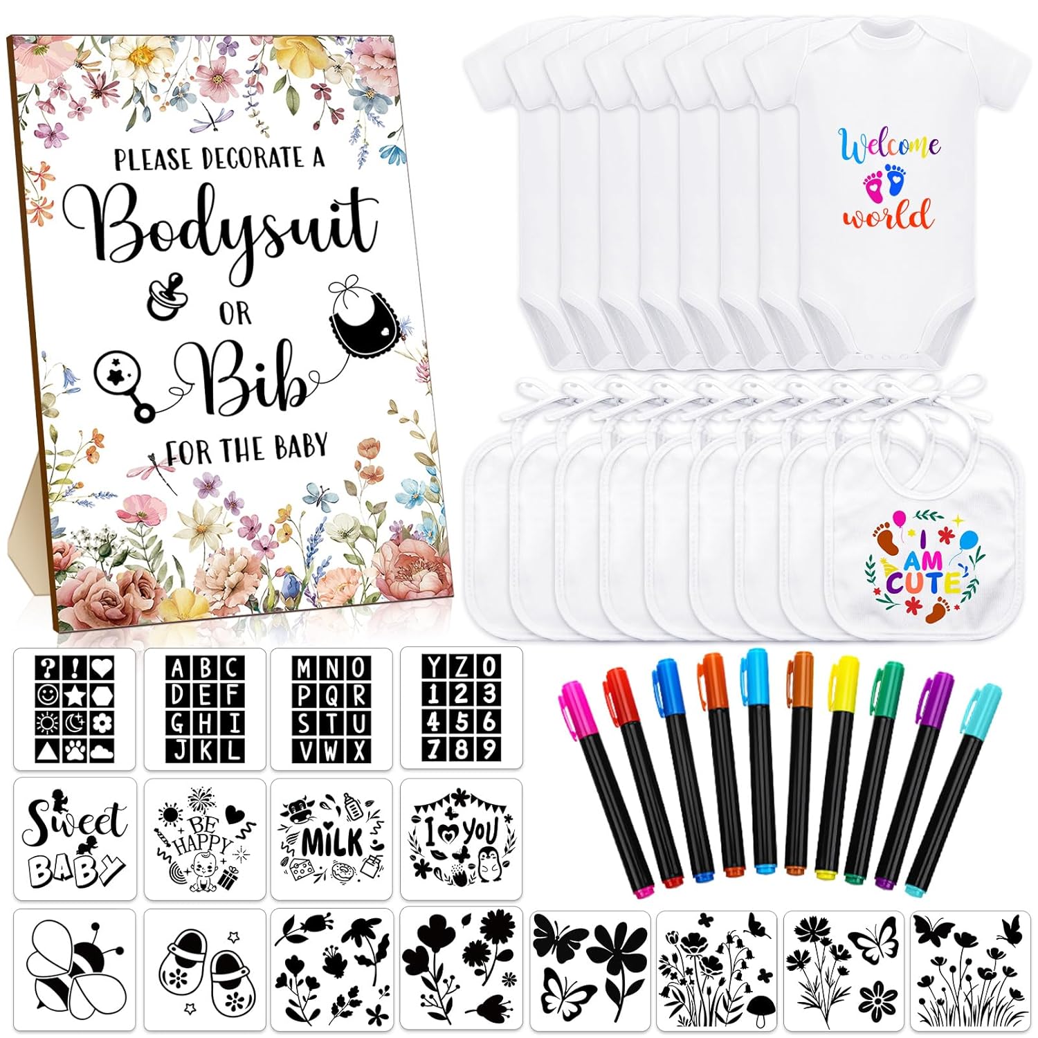 Chuarry 43 Pcs DIY Bibs Decorating Kit 8 Bodysuits 8 Pcs 2 Ply White Bibs 10 Fabric Markers 16 Stencils Baby Shower Sign(Wildflower)