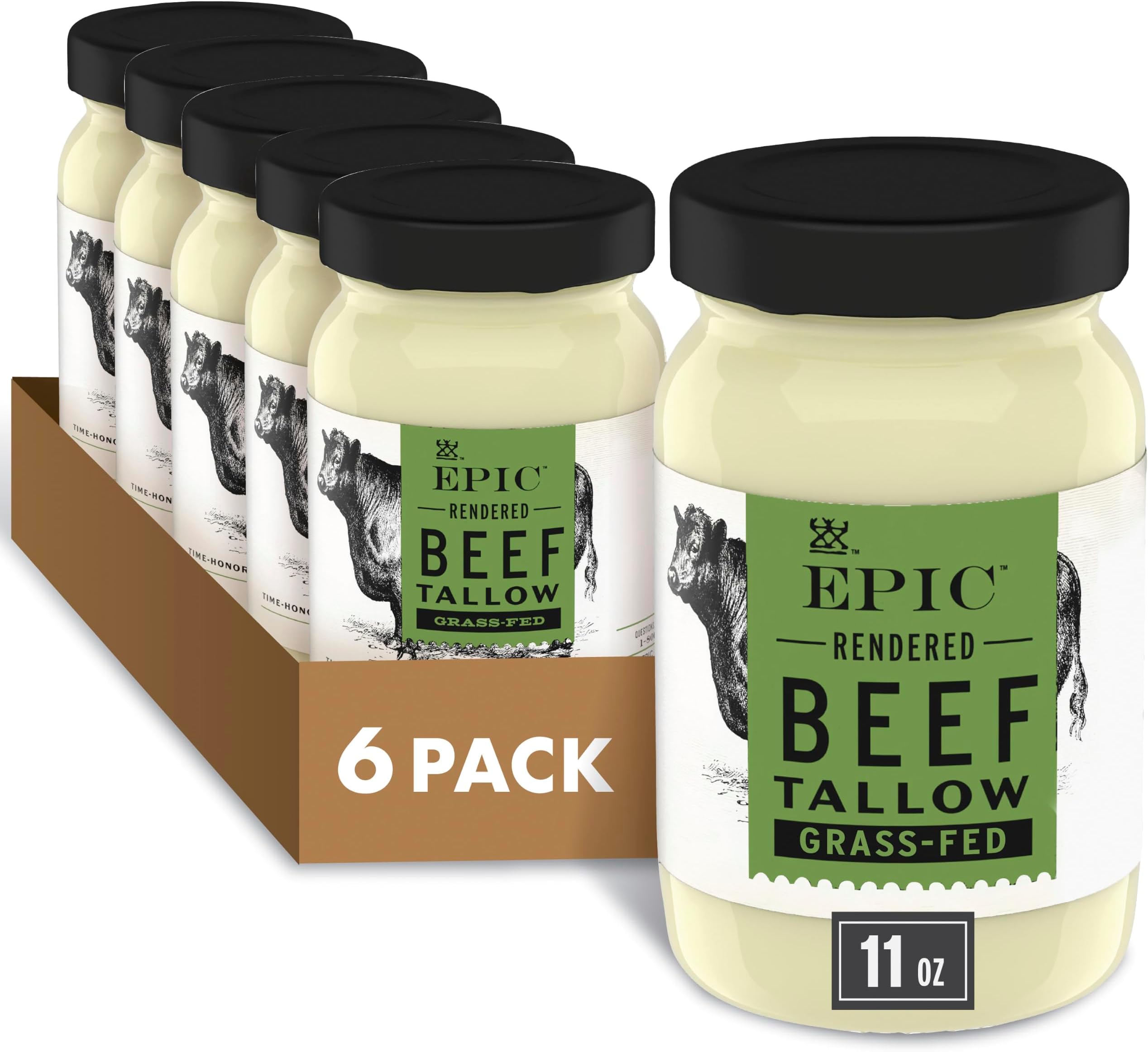 Beef Tallow, Grass-Fed, Keto Friendly, Whole30, 11oz Jar (Pack of 6)