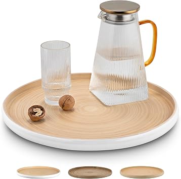 LEXA 15.7 Bamboo Round Serving Tray Large Handcrafted Wooden Tray for Food, Ottoman, Coffee Table, Kitchen, Charcuterie, or Home Decor, White