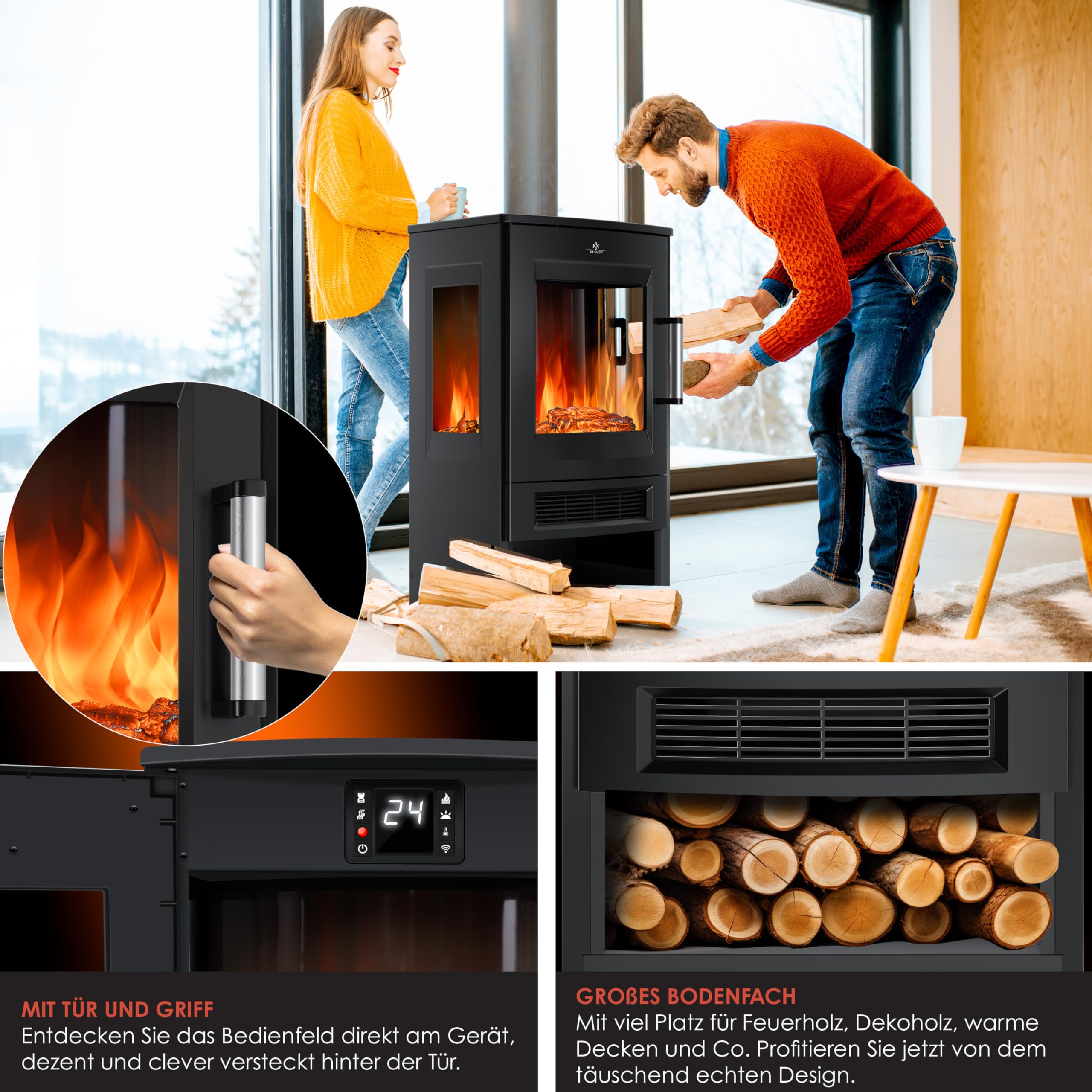 KESSER® Elektrokamin mit Heizung Panorama-Sichtfenster Heizlüfter 9 LED-Flammeneffekt Farbmodi Fernbedienung WiFi App 900/1800W Kaminfeuer elektrisch mit Thermostat Heizfunktion Timer