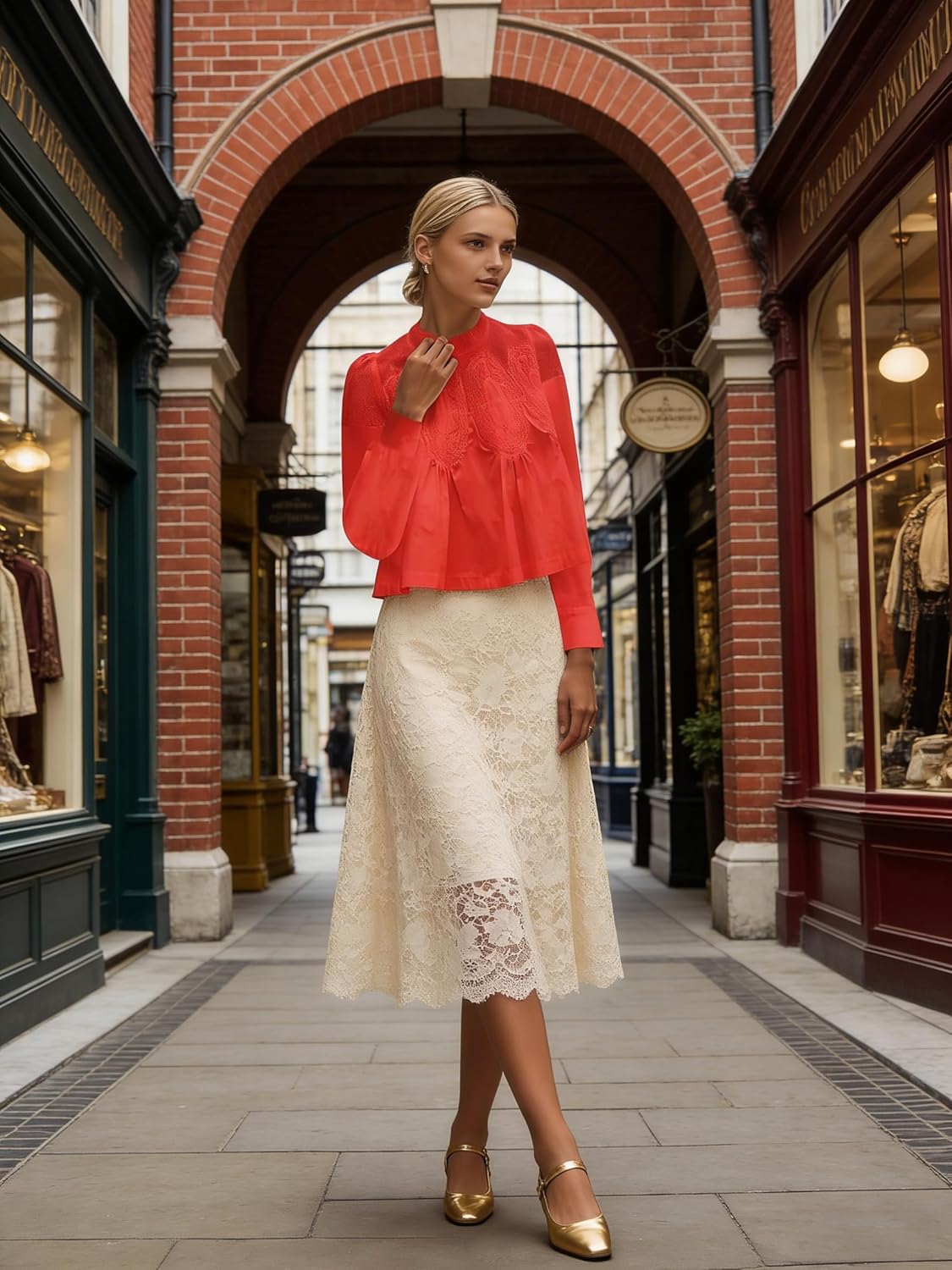 Women’s Lace Flared Short Sleeve Blouse Lace Poplin Ruffle Mesh Crew Neck Swing Babydoll Tops Elegant Loose Shirts - Image 5