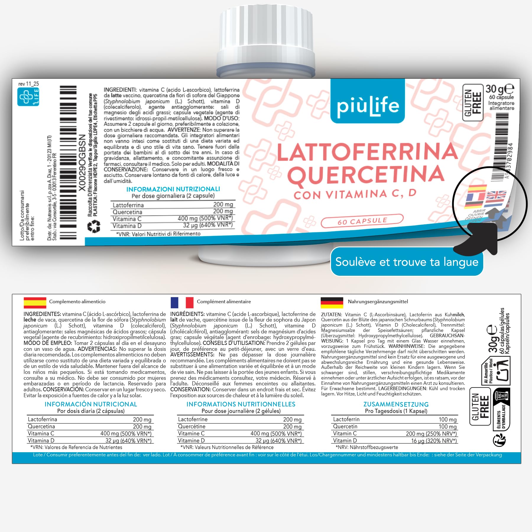 Lactoferrine Quercétine avec Vitamines C et D, PiùLife – 120 gélules