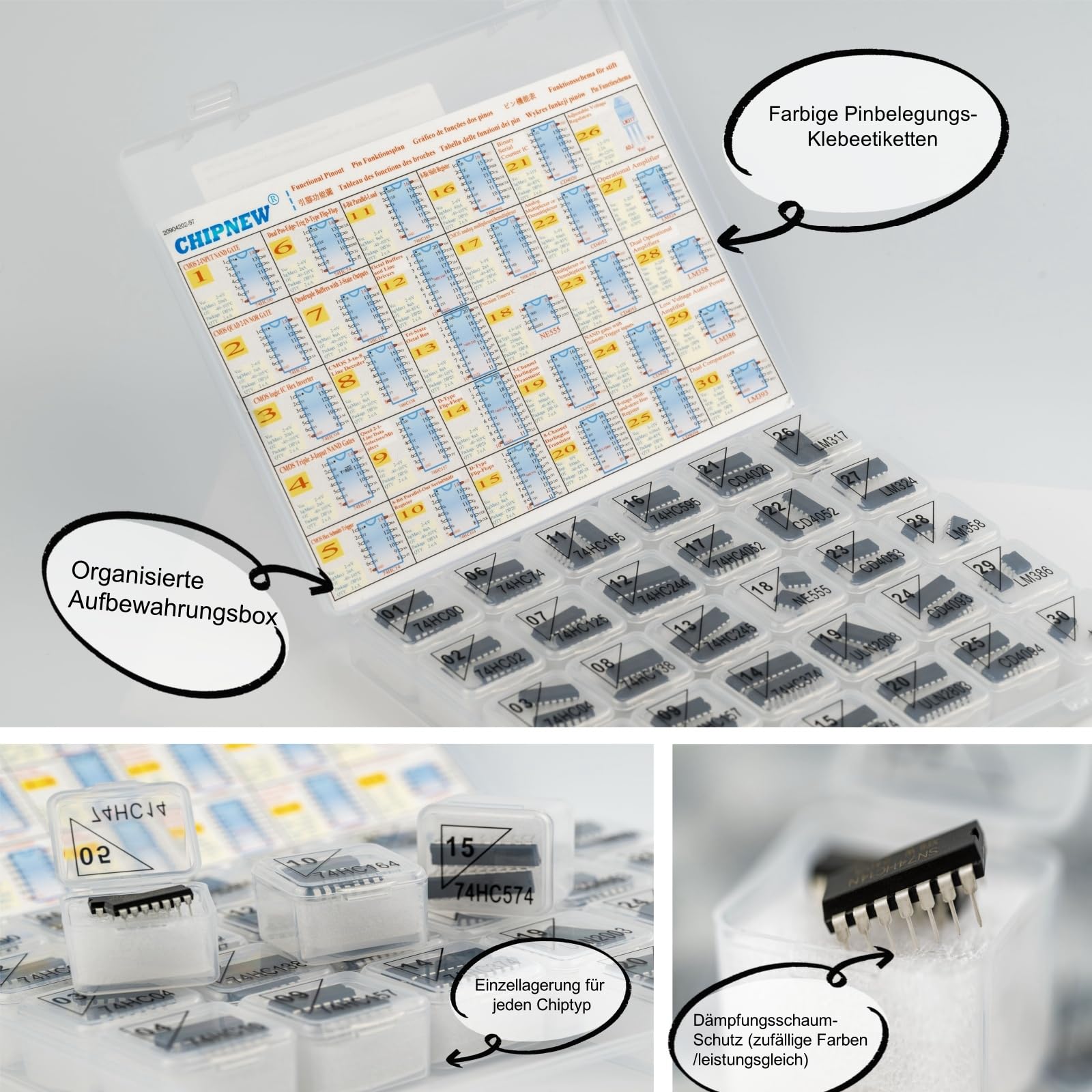 34-in-1 IC CHIP Assortment Kit: Logic Gates 74HCXX+CD40XX, 555Timer, LM358-Verstärker, Transistoren & mehr! mit gepolstertem Organizer & ESD-Schutzausrüstung ，2 neue ICS-Grabber hinzugefügt