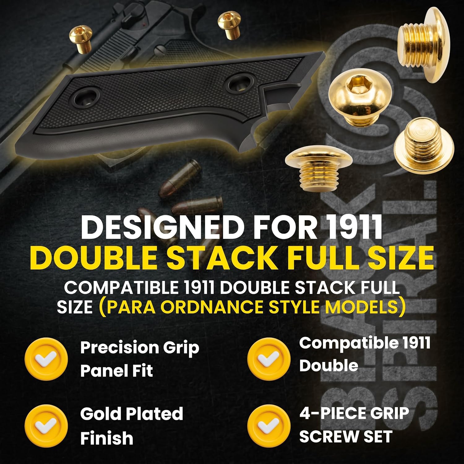 Steel Grip Screws Compatible with 1911 Double Stack Models, Gold Plated Finish, Hex Socket Head, Precision Threaded Replacement Screws, Durable Hardware Set (4 Pack)
