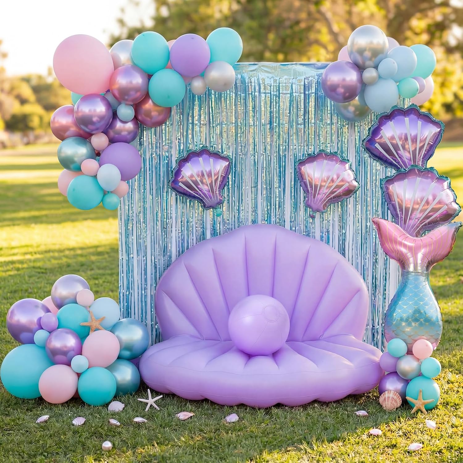 55 Inch Inflatable Seashell Pool Float with 154 Mermaid Party Balloon Garland Kit Giant Clam Floaties with 9.8'' Pearl Ball Mermaid Birthday Party Decoration for Under The Sea