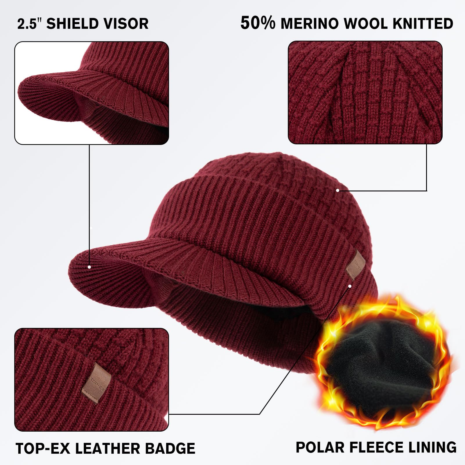 TOP-EX PolarWool™ 50% lana merino con pico para hombre y mujer con forro polar, visera térmica de invierno para clima frío, M-XXL
