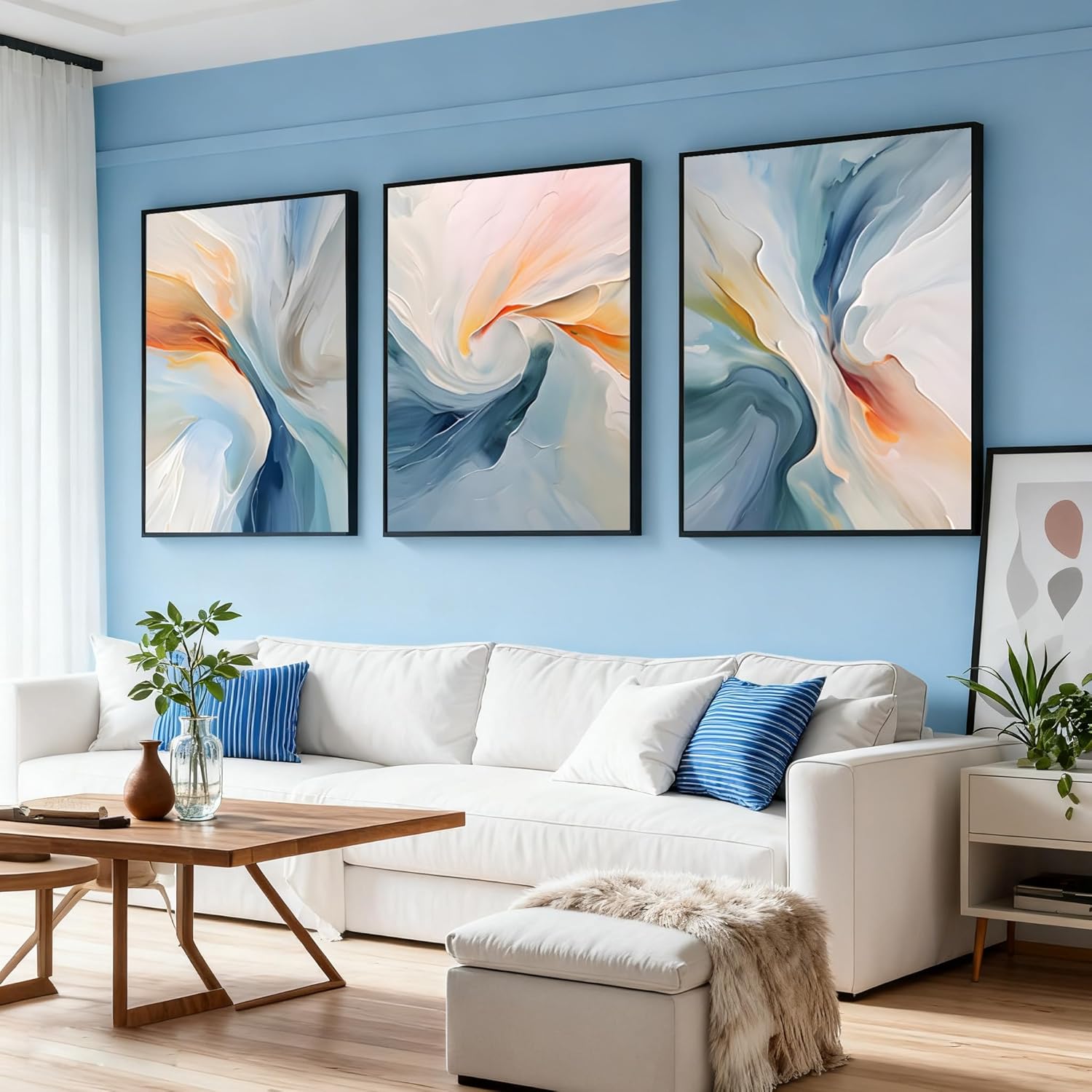 VARUFLY Large Modern Abstract Wall Art Set of 3, Blue and Orange Swirl Extra Big Canvas Prints for Living Room, Framed Ready to Hang for Office, Bedroom Wall Decor 24“X 32”