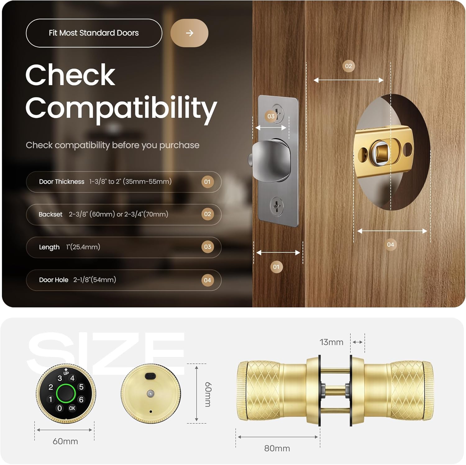 Leydebong Keyless Entry Fingerprint Door Knob, Smart Biometric Door Lock with Keypad Passcode Door Knob with Auto-Lock for Front Door, Bedroom, Gate & Office