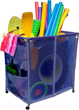 Pool Floats, Balls, Toys and Equipment Rolling Mesh Organizer Storage Bin, Large, 35" W x 25.4" L x 37.5" H, Blue, Style 455102