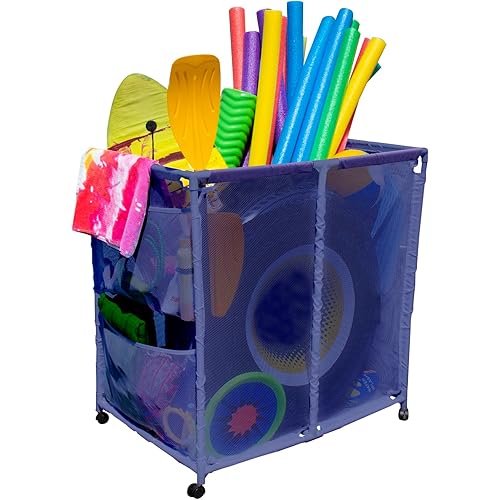Rolling Pool Organizer Mesh Storage Bin - Floats, Balls, Toys and Equipment, Extra Large, (35" W x 25.4" L x 37.5" H), Blue
