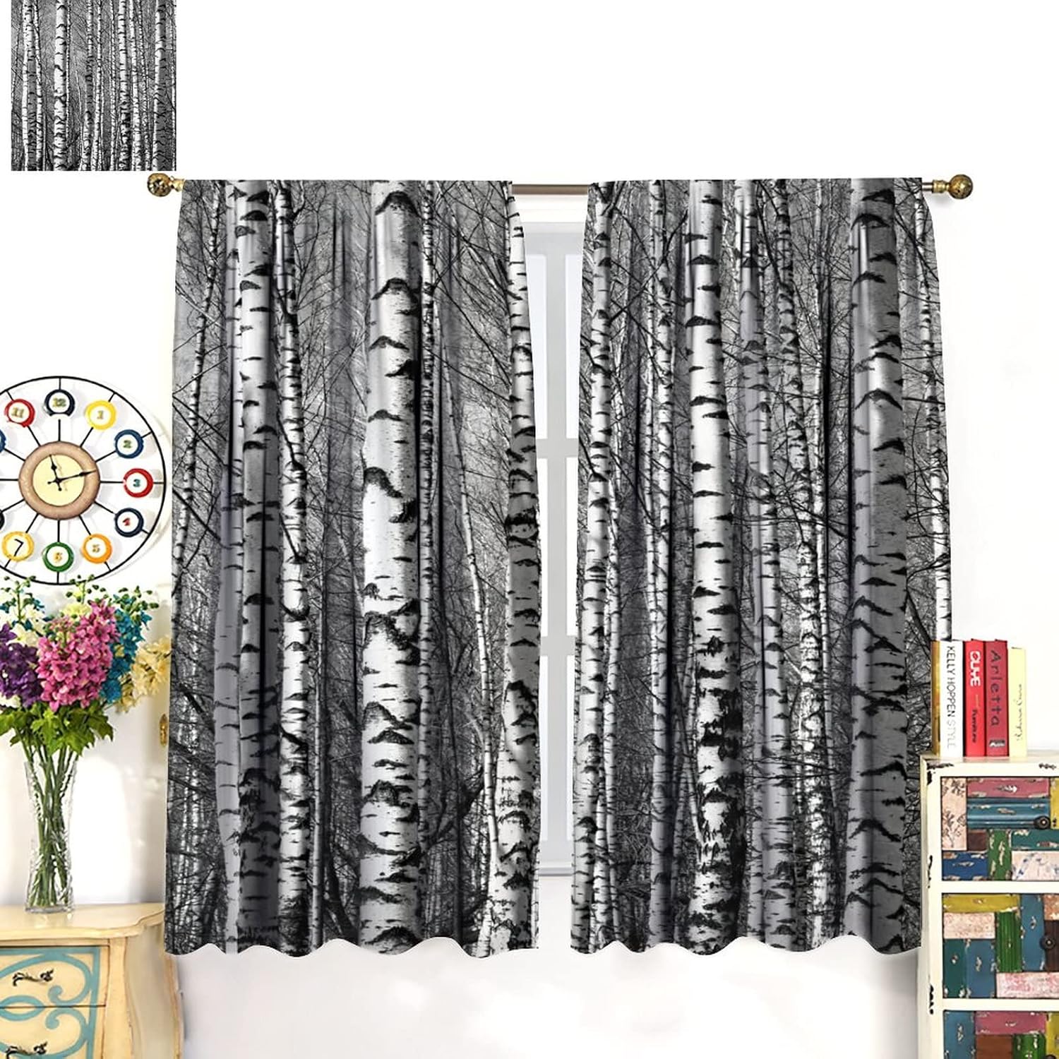 Black and White Birch Blackout Curtains,White Birch Tree Forest Abstract Trunk Decor Window Door Curtain for Bedroom Bathroom Living Room W42xL45in
