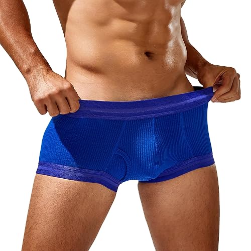 SEAUR Men's Pouch Boxer Briefs Seamless Ribbed Underwear Low Rise Breathable Trunks Stretchy Underpants - Blue-2 - Small
