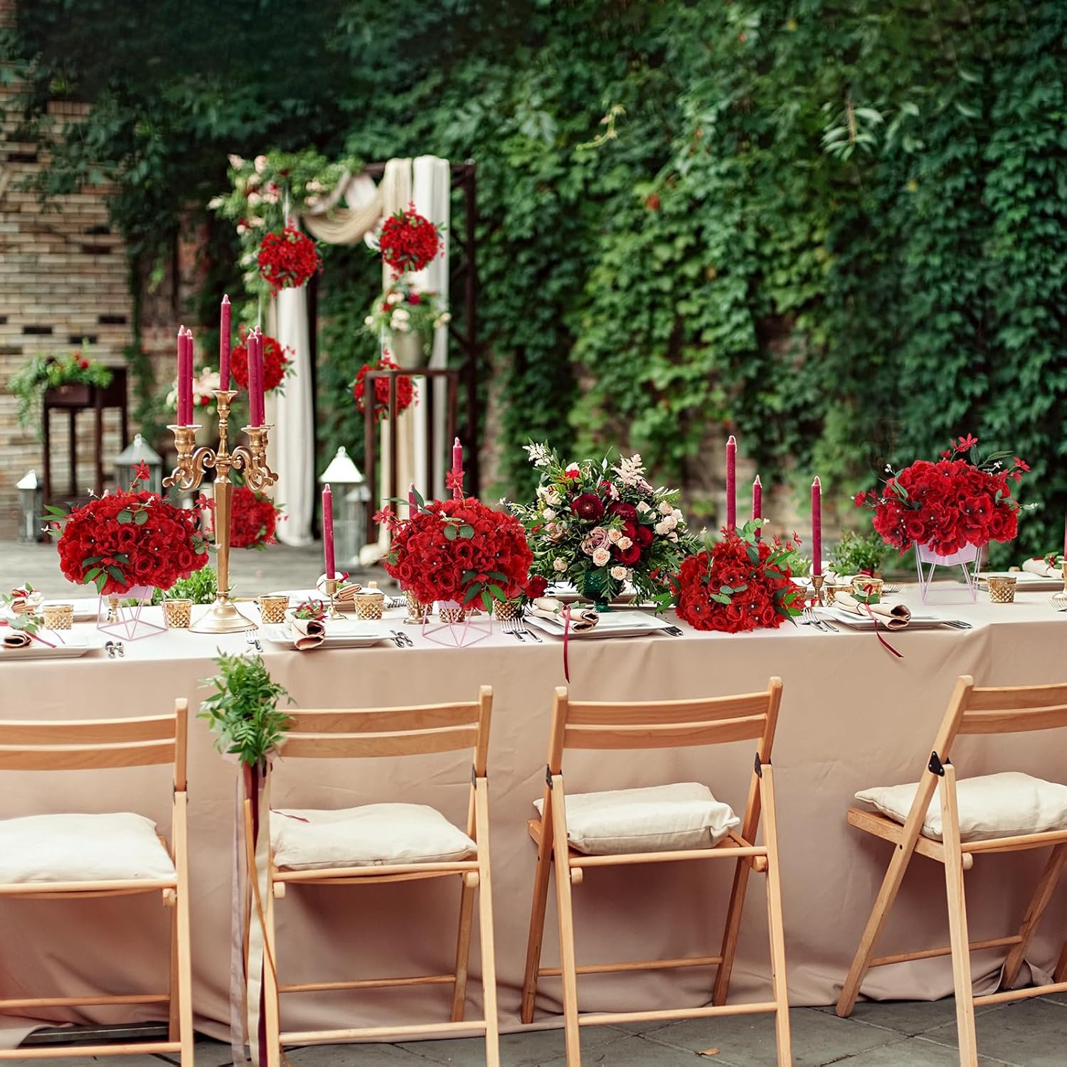 2pcs Wedding centerpieces for Tables 15.8" Red Artificial Flowers Rose Ball Arrangements Silk Flower Balls Floral for Wedding Christmas Party Table Home Decor (2, Red, 15.8'' Diam)