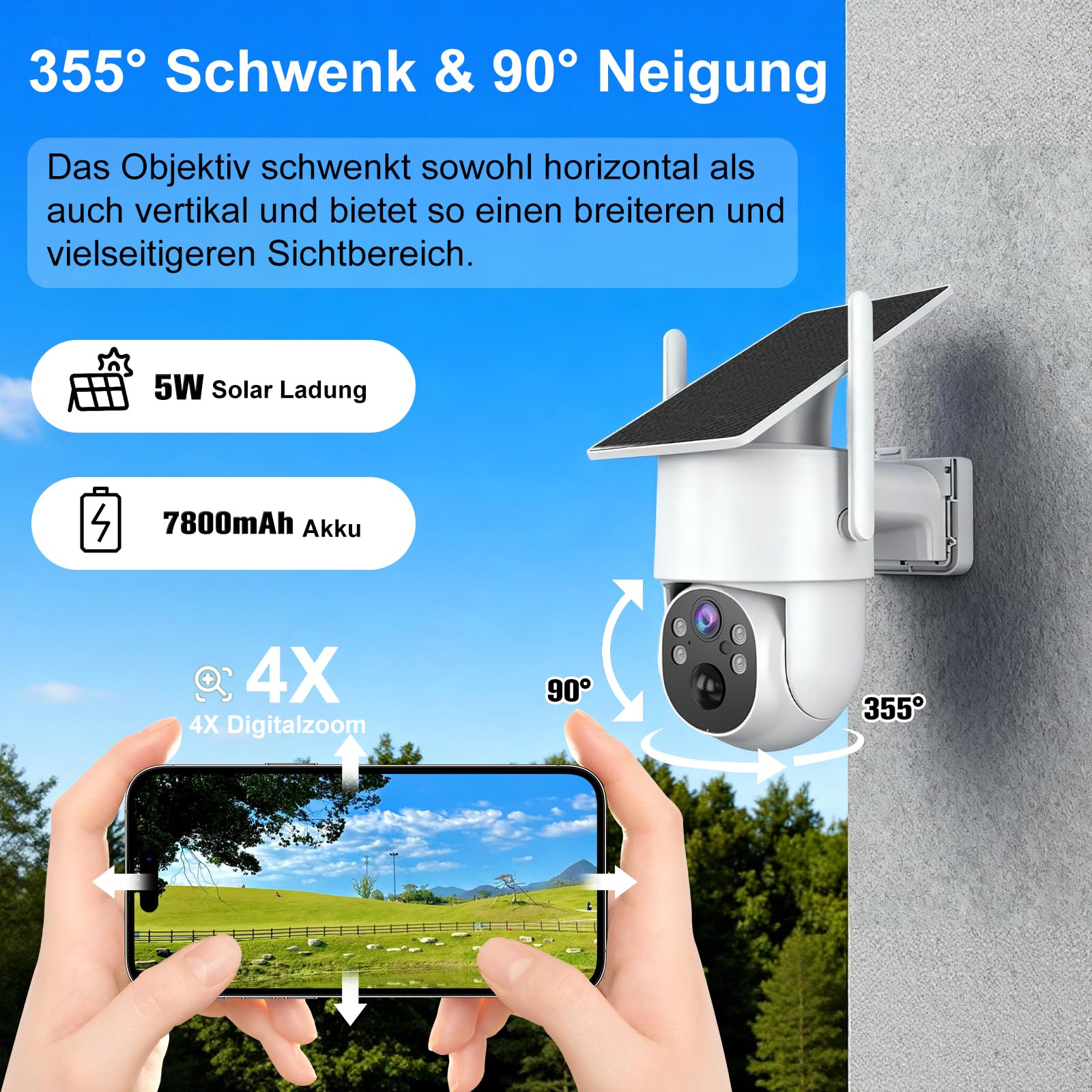 4G LTE überwachungskamera Aussen Ohne WLAN,360 Tage Unbegrenzte Daten | Solarbetrieben ohne WLAN,2K PTZ 360°Kamera,Farb-Nachtsicht,PIR-Bewegungssensor,64 GB Speicher,IP65 Wasserdicht