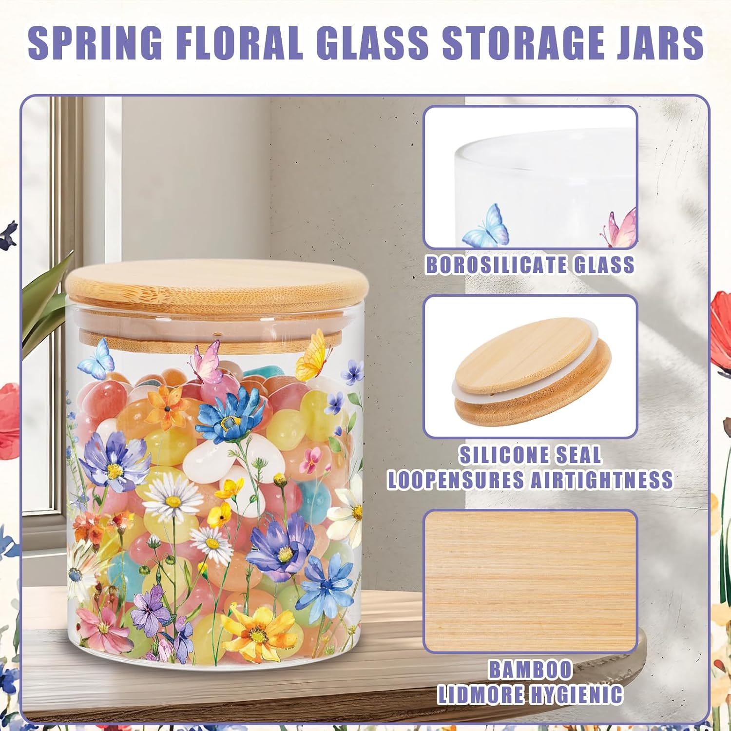 JarThenaAMCS 3Pcs Spring Summer Floral Glass Storage Jars with Airtight Lid Watercolor Flower Butterfly Decorative Clear Canisters Sets for Home Kitchen Countertop