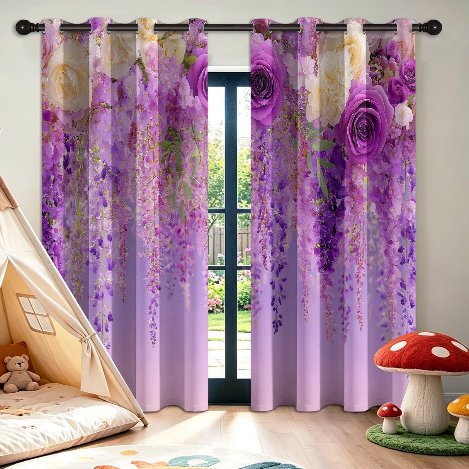 Générique Wiejskie kwiaty glicynia róże zasłony zaciemniające zestaw 2 sztuk, 91,5 l x 214 cm, izolacja termiczna do pokoju weselnego Pokój dziewczęcy Balkon, francuska romantyczna zasłona, redukcja