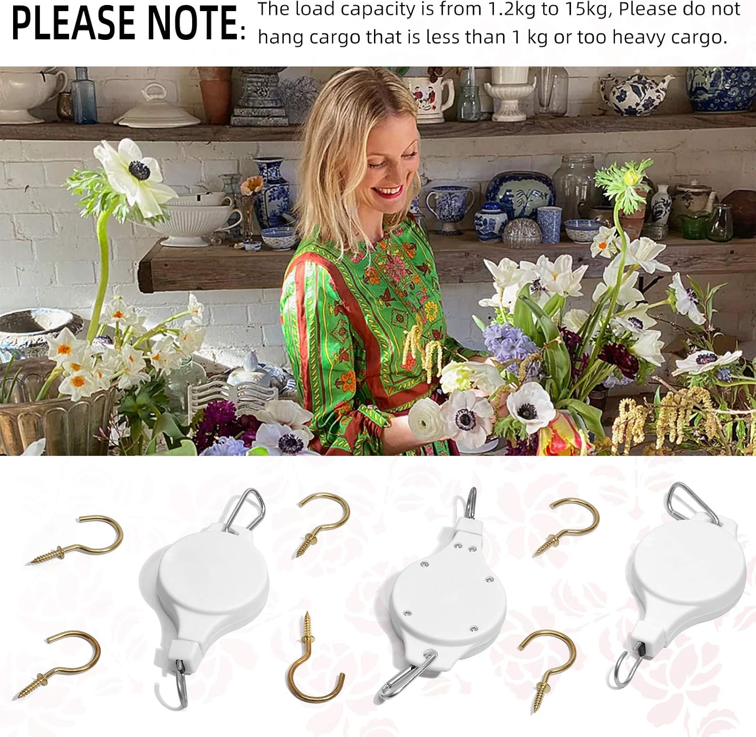 3 Pack Plant Pulley Hanger, Retractable Plant Hook Pulley, Adjustable Plant Pulleys for Hanging Plants, with 6 Pack Golden Metal Ceiling Hooks, Plant Pulley Hanger for Garden Baskets & Bird Feeder