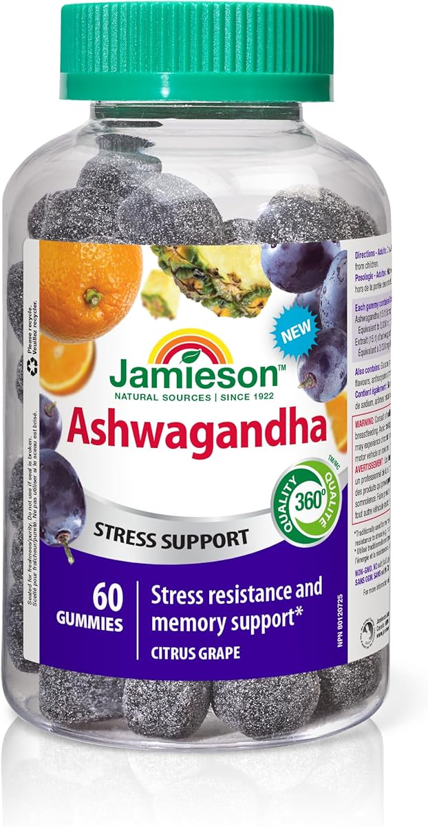Jamieson Laboratories Jamieson Ashwagandha Gummies, 3,000 mg, Citrus Grape Flavour, Increases Resistance to Stress, Adaptogen, and Improves Memory. Non-GMO, Gluten-Free, No Artificial Colours, Flavours, or Preservatives, 60 Count