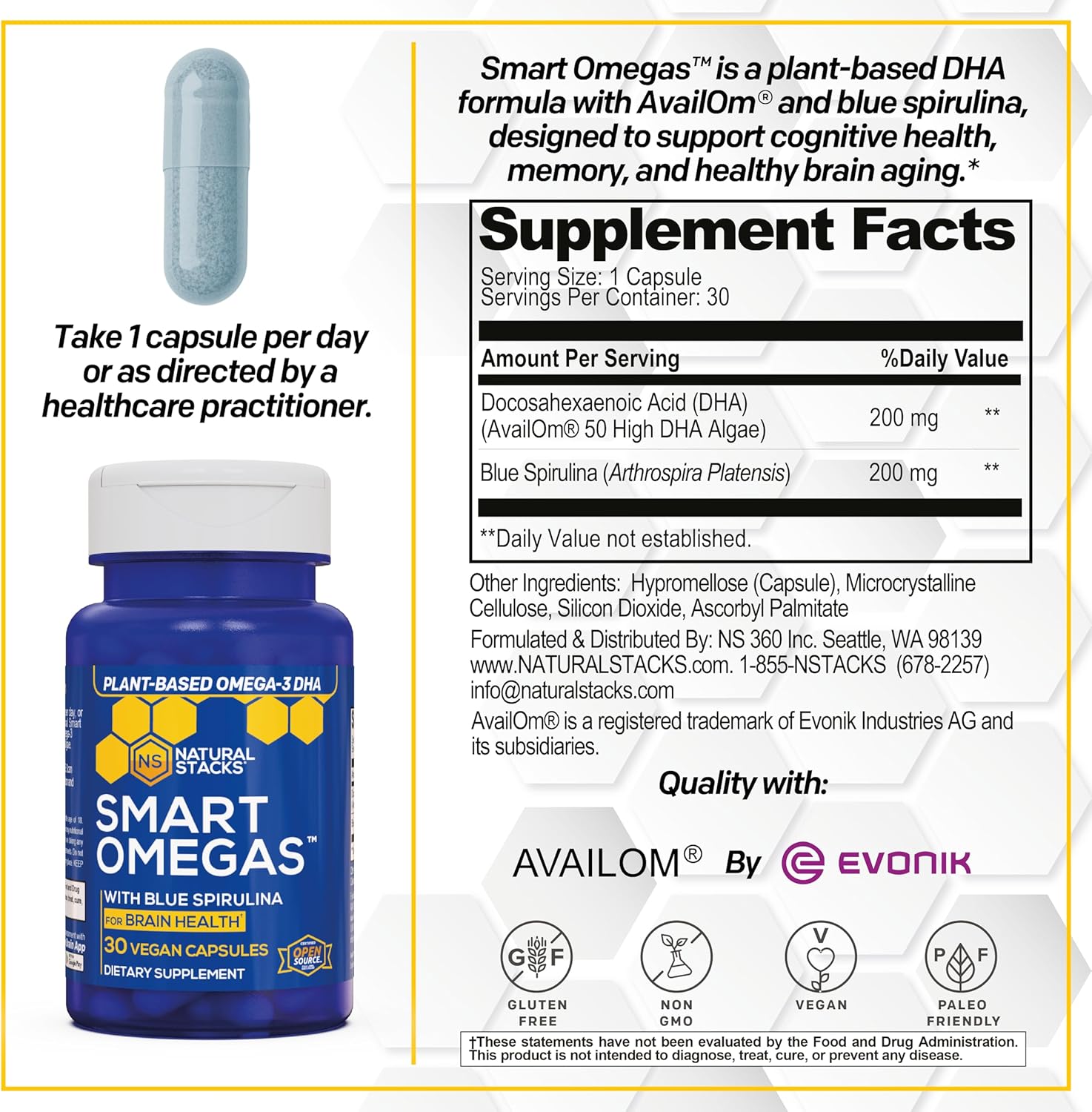NATURAL STACKS Smart Omegas - Omega 3 Supplement w/ 200mg DHA & 200mg Blue Spirulina - Plant Based Algae Oil Omega 3 Supplement - Fish Oil Free Antioxidant Support - 30 Blue Spirulina Capsules