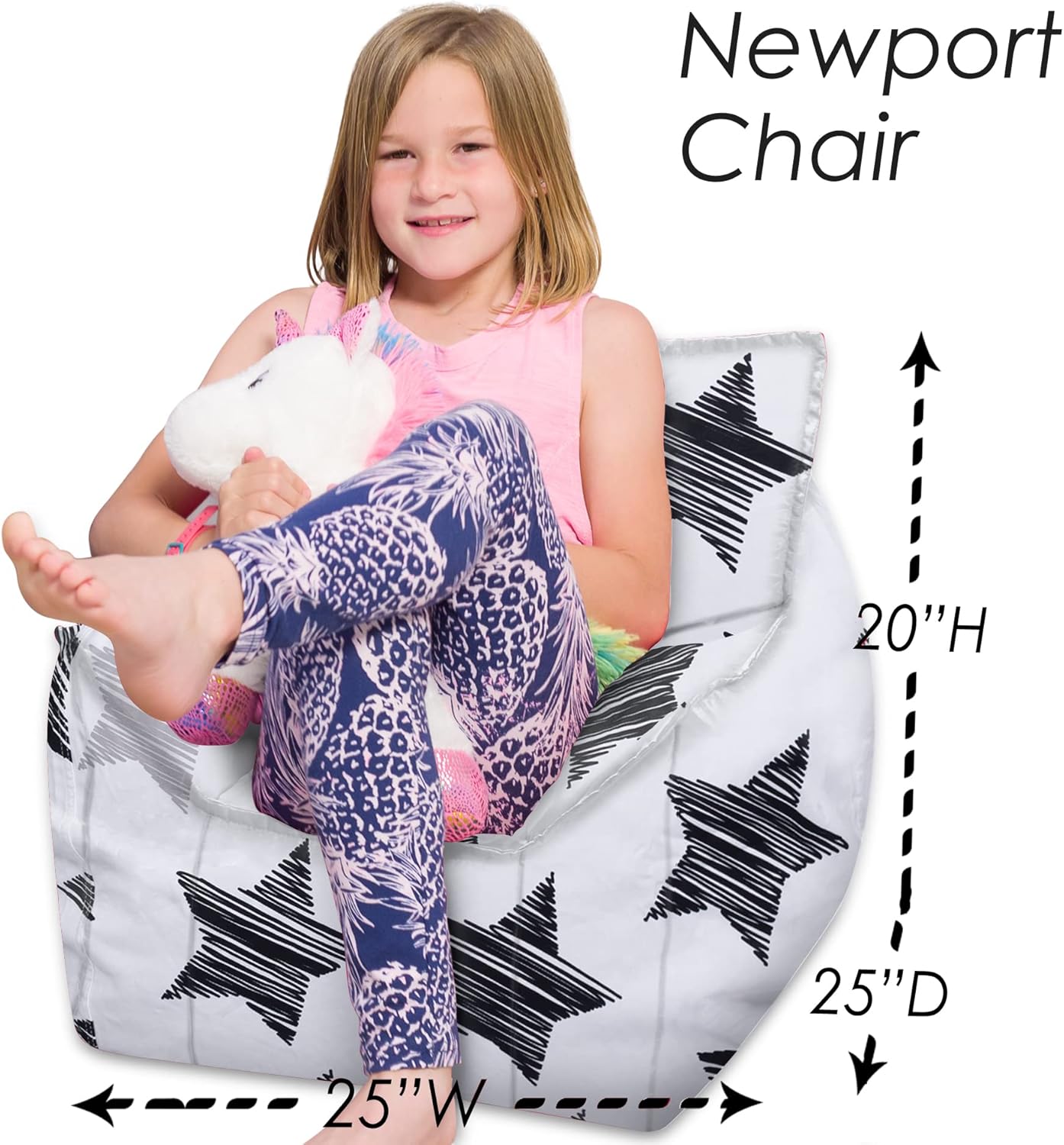 Posh Creations Bean Bag Chair Structured Comfy Seat for Gaming, Reading and Watching TV, for Children, Newport Chair, Canvas - Sketchy Stars