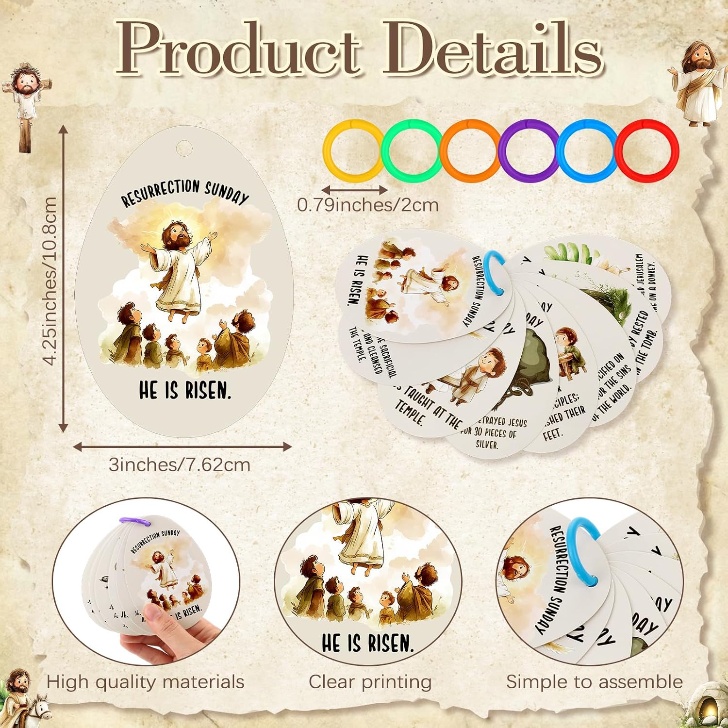Tinlade 30 Sets/240 Pcs Easter Story Crafts Resurrection Easter Story Eggs Cards Bulk with 30 Pcs Plastic Rings Holy Week Crafts for Kids Adults Sunday School Church Basket Stuffers Decor
