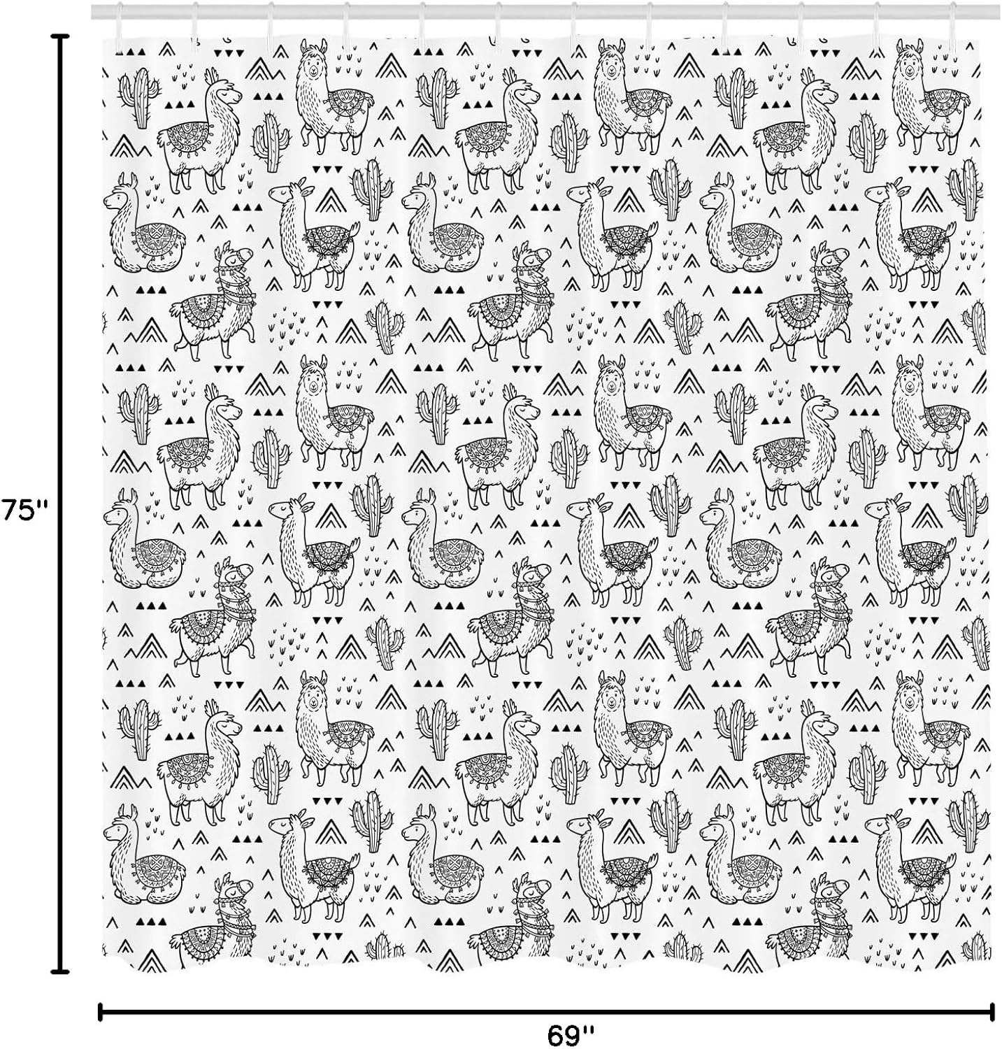 Ambesonne Llama Shower Curtain, Abstract Triangles Doodle Style Alpacas in Monochrome Cartoon Pattern, Cloth Fabric Bathroom Decor Set with Hooks, 69" W x 75" L, White Charcoal Grey