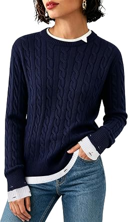 SAUKOLE Womens Pullover Sweaters Long Sleeve Fake Two Piece Cable Knit Tops