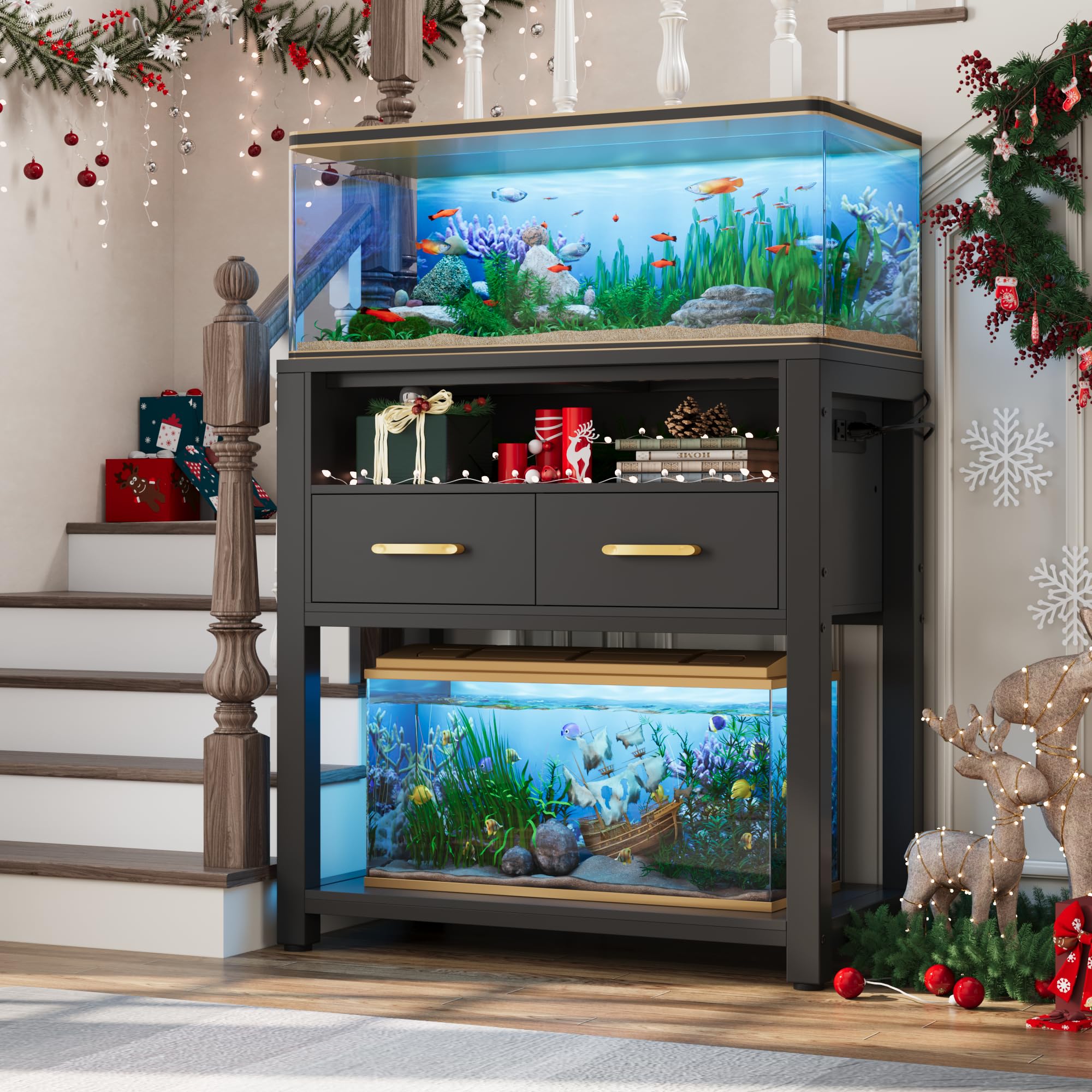 EOSVALO Soporte de acuario con marco de metal estable, soporte resistente para peceras con alfombrilla impermeable, gabinete de almacenamiento de capacidad de 250 KG, adecuado (Negro)