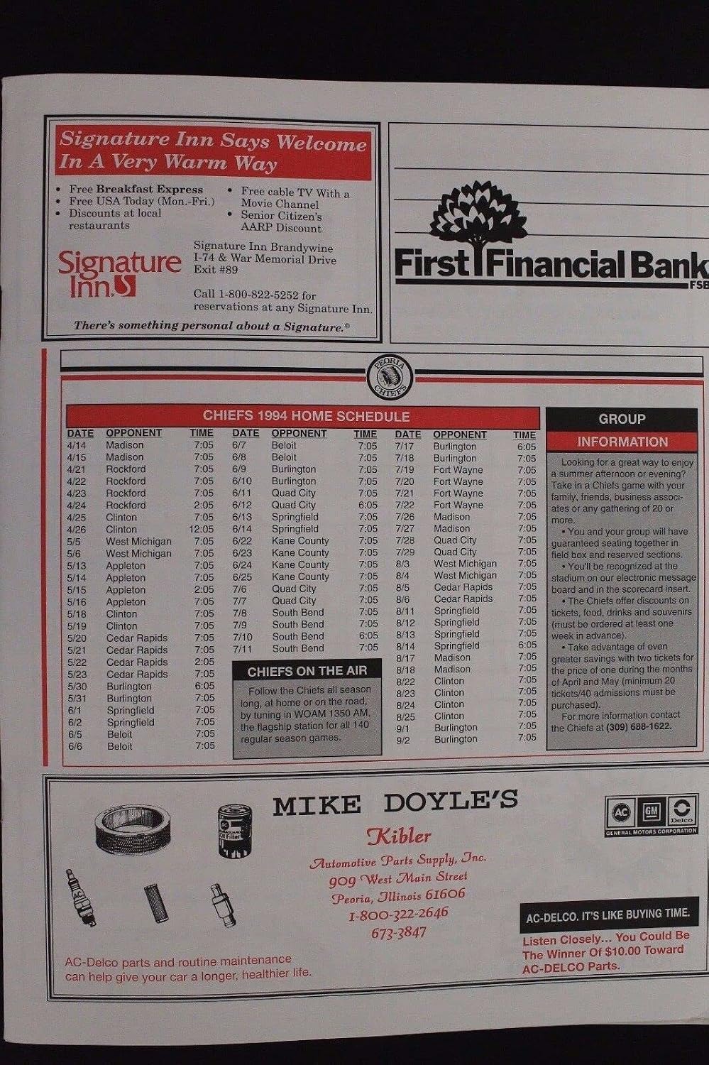 Glen Raasch Peoria Chiefs Mariners Autographed Minors Signed 1994 Scorecard 16J