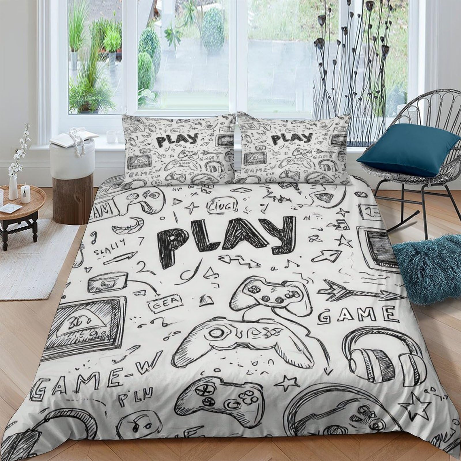 Ctjqhvkz Style-4 3D Printed Doodle Gamepad Fitted Sheet Microfiber Anti-Slip Cartoon Controller Bed Cover For Bedroom Decor Single（135X200cm）