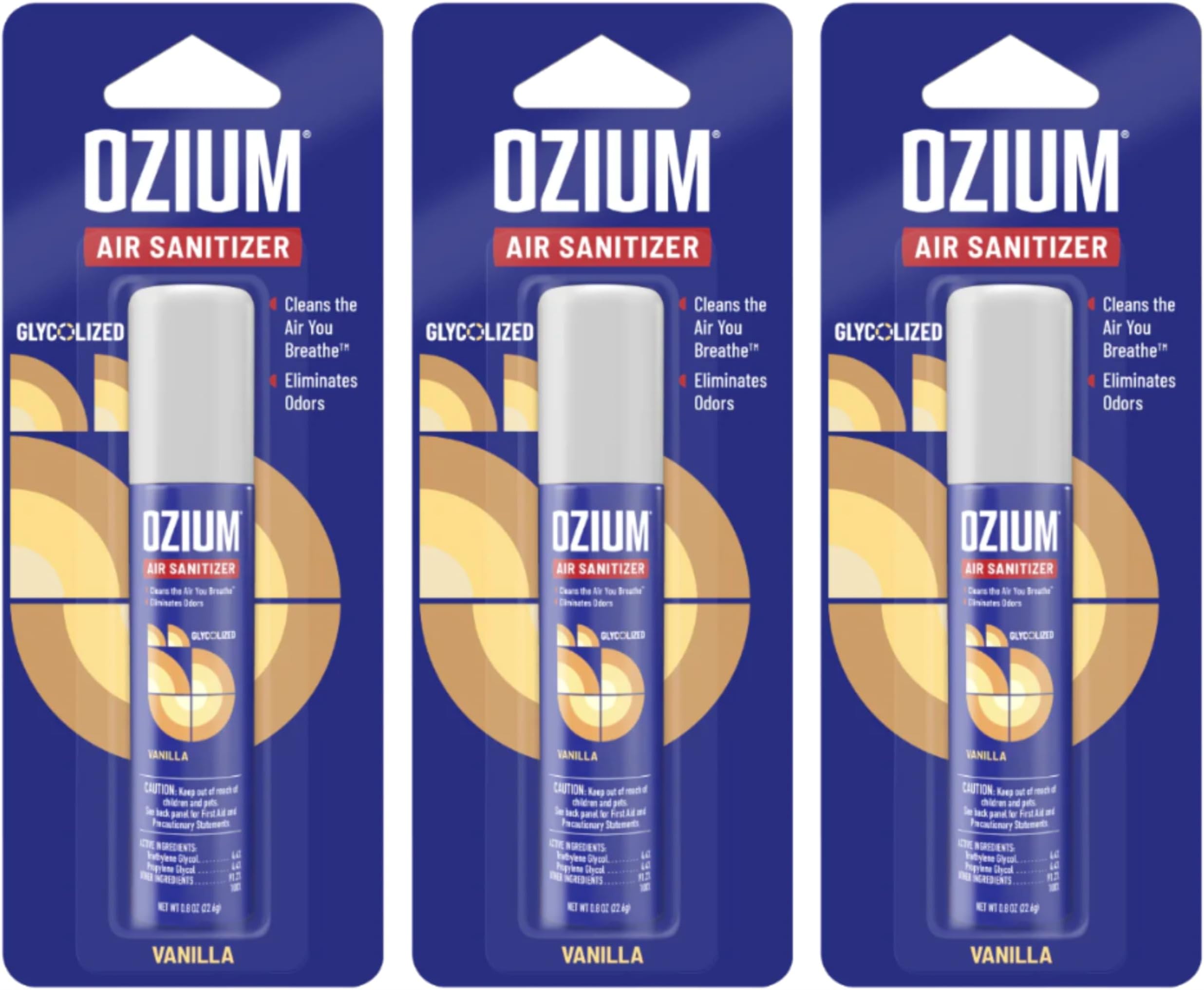Ozium 0.8 oz. Air Sanitizer & Odor Eliminator for Homes, Cars, Offices and More, Vanilla Scent, Pack of 3