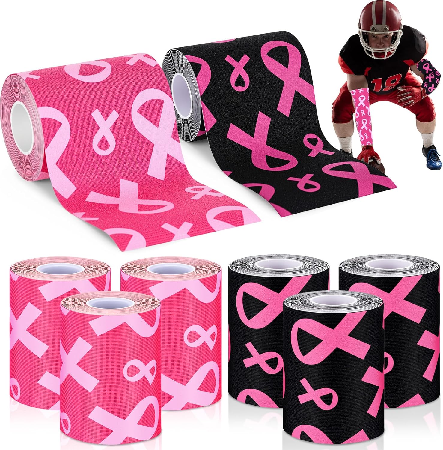 Geiserailie 80ft 8 Roll 3" x 10ft Breast Cancer Awareness Football Turf Tape Waterproof Sweat Proof Breathable Athletic Black and Pink Ribbon Tape