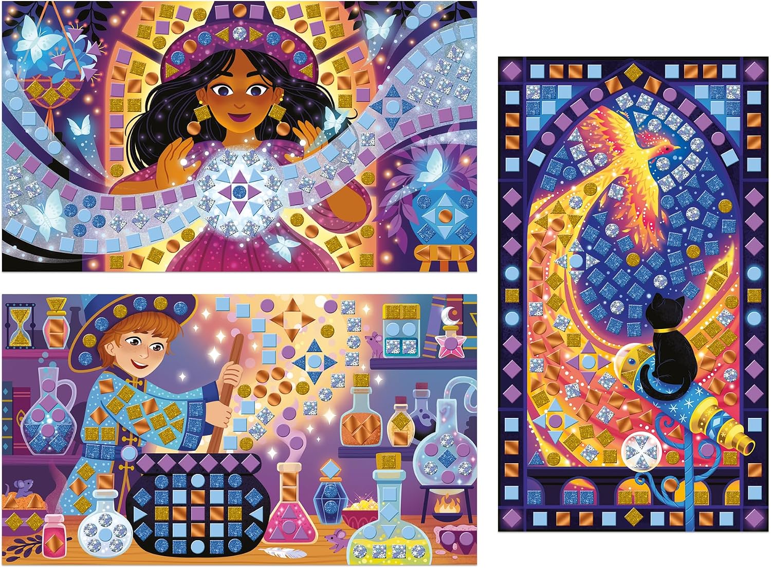 Janod - Foam Mosaic Box - Witches and Wizards Theme - Magic School - 3 Paintings - Children's Creative Leisure Kit - Learning Fine Motor Skills and Concentration - from 7 Years Old - J09150