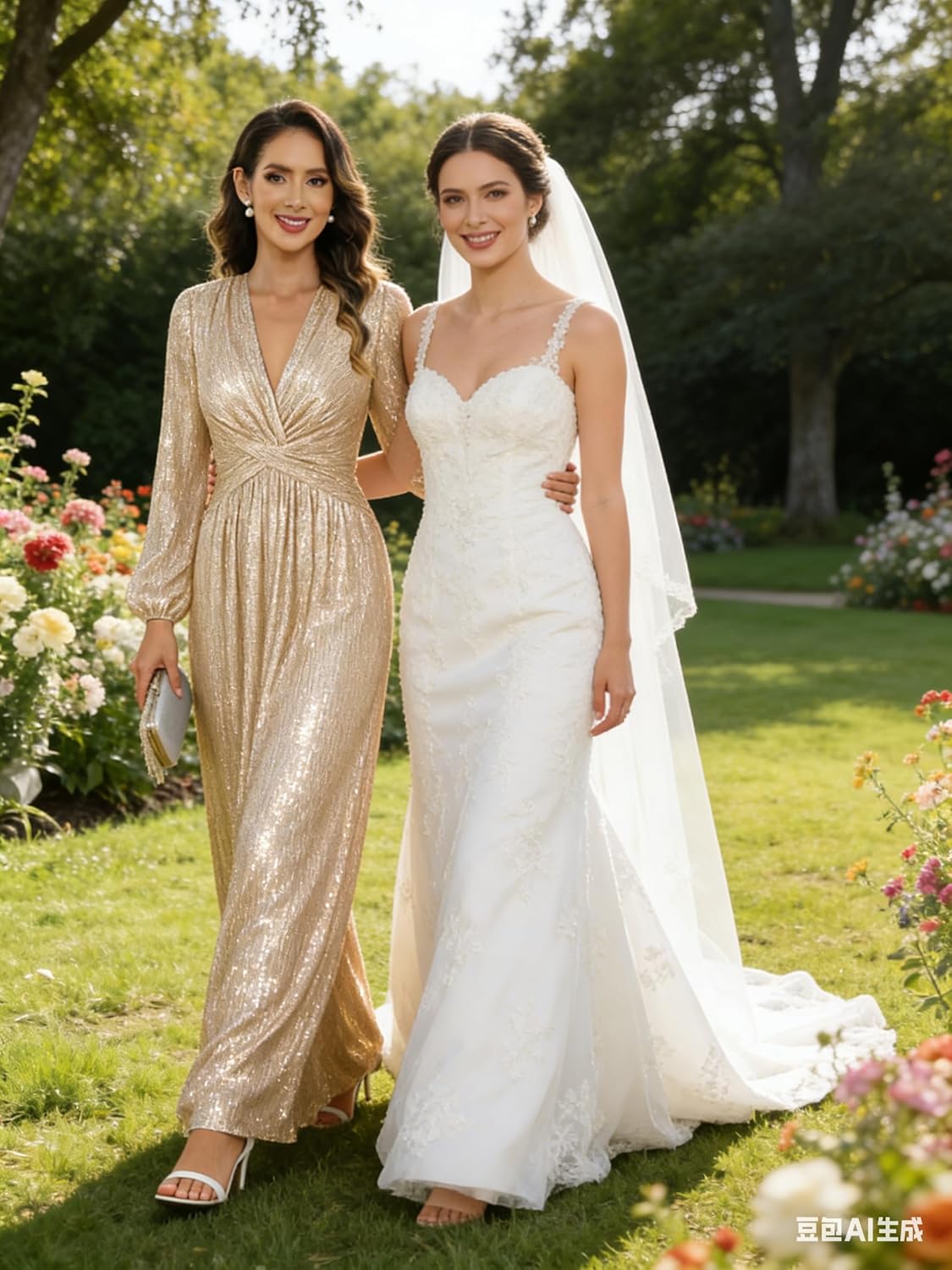 Women's V Neck A-Line Formal Wedding Guest Dresses Long Lantern Sleeves Floor Length Glitter Evening Gowns - Image 3