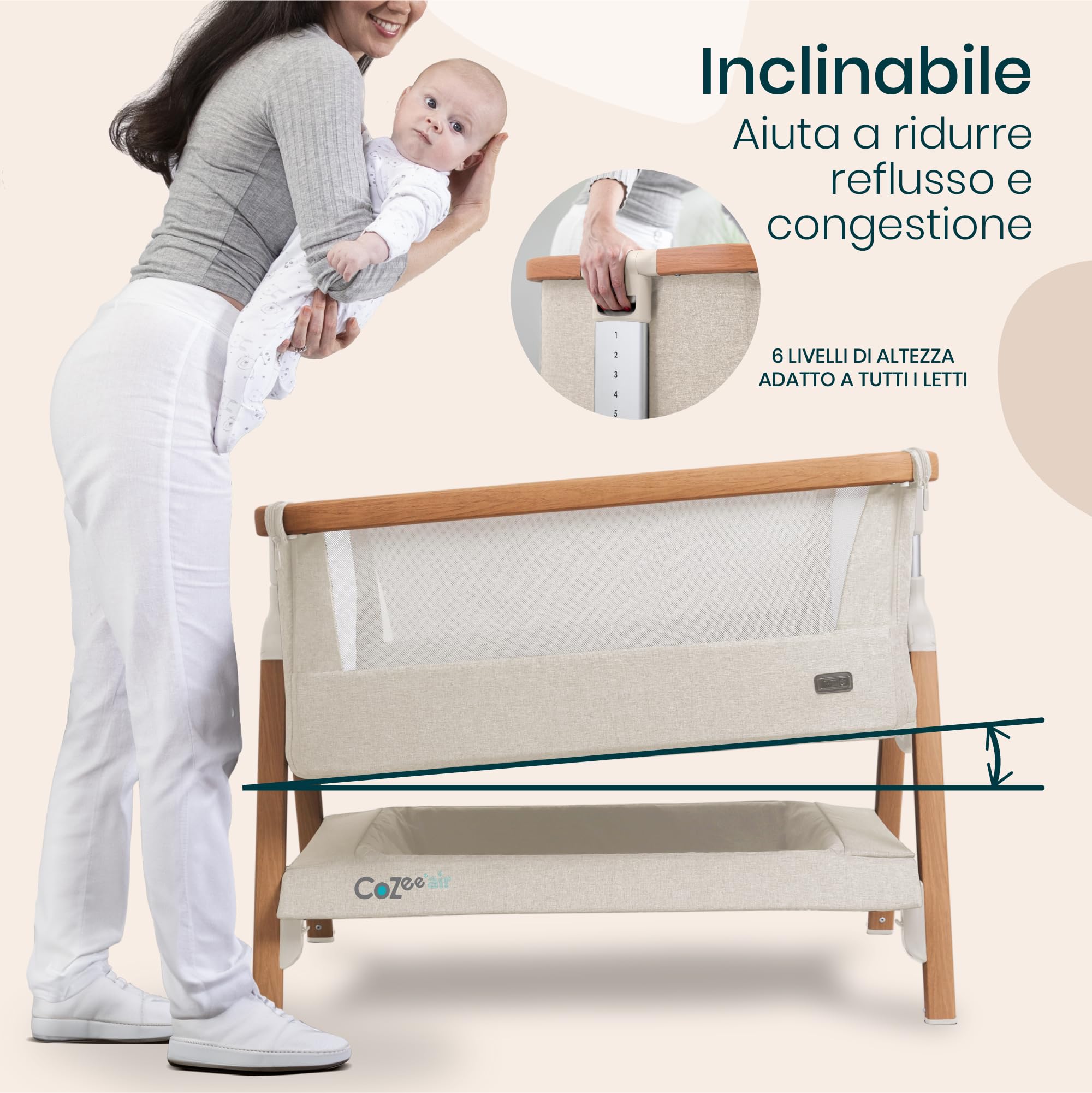 Tutti Bambini CoZee® Air Culla Neonato e Culla Co-sleeping - Con Borsa Trasporto - Chiusura Rapida - Materasso Traspirante - 6 Altezze Regolabili - 0-6 Mesi (Noce & Ecrù)