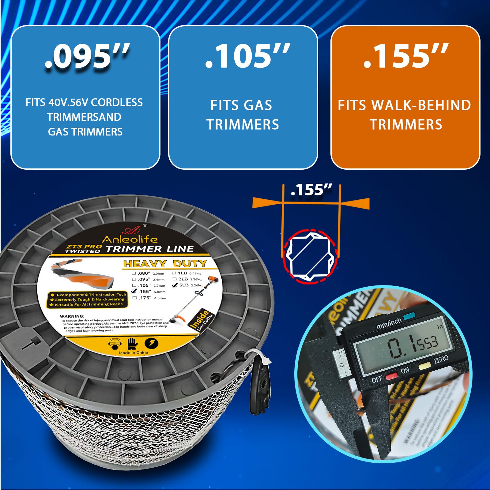 A ANLEOLIFE ZT3 Pro - Hilo de corte trenzado de diamante resistente de 0.155 pulgadas por 150 pies, 3 componentes de triple extrusión de 4 mm por 45 metros