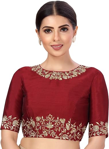 Studio Shringaar Women's Readymade Art Silk Embroidered Saree Blouse with Elbow Length Sleeves